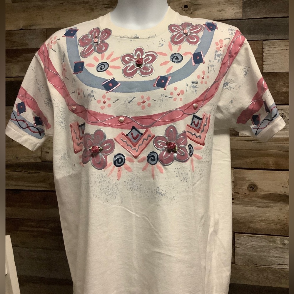 VTG WOMEN T-SHIRT by INDIA INK PAINTWORKS, HAND PAINTED & BEADED, USA